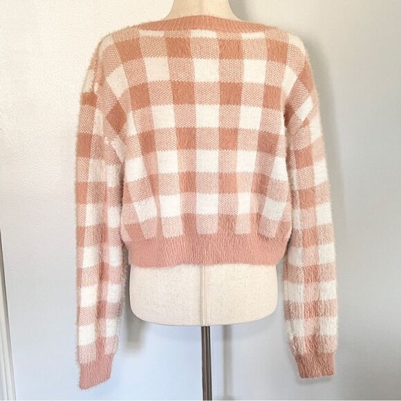 Harry’s Hidden Angels Cherry Fuzzy Cropped Cardigan Sweater Peach XL Gingham - Picture 6 of 11